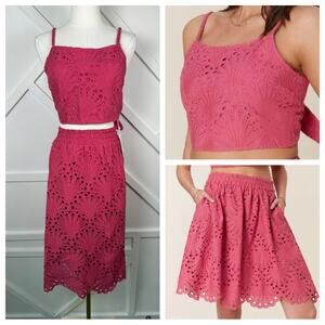 NWT Andie Rosette Pink Eyelet Set The Santiago Crop Top & The Mona Skirt Size XS